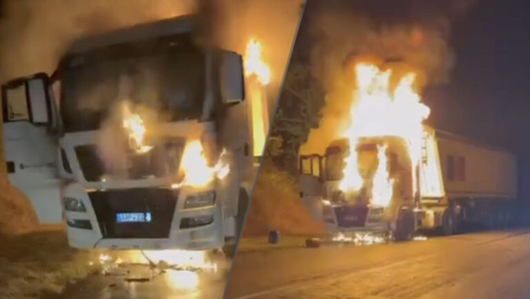 Un camion plin cu floarea-soarelui cuprins de flăcări pe un traseu din sudul țării